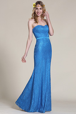 Strapless Sweetheart Blue Lace Bridesmaid Dress