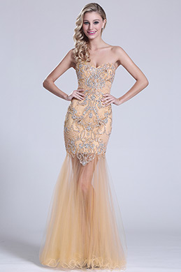 Strapless Sweetheart Beaded Beige Prom Dress