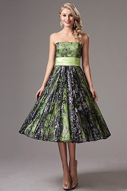 Strapless Green Tea Length Party Dress Formal Dress