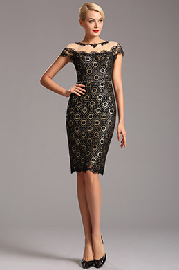 Black Vintage Cap Sleeves Lace Cocktail Party Dress