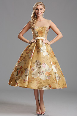 Capped Sleeves Illusion Floral Tea Length Cocktail Dress
