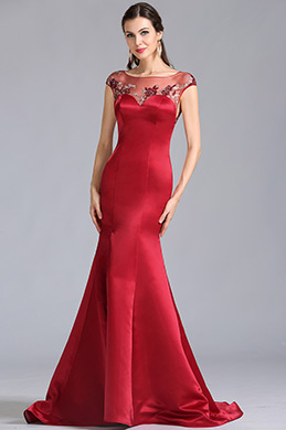 Cap Sleeves Burgundy Embroidered Evening Dress Formal Dress