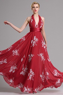 Rot Halter A Linie Blumen Abendkleid