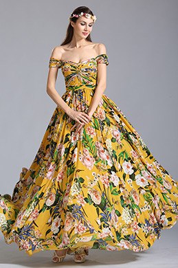 Robe de soirée longue jaune à imprimé floral pour l'été