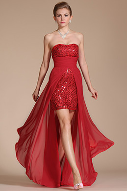 Red Strapless Beadings Evening Party Gown