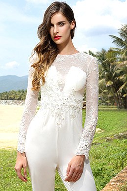Long Sleeves Beaded Embroidery White Jumpsuit