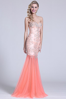 Robe de bal sirène orange bijoutée décolleté sexy Robe de bal sirène orange bijoutée décolleté sexy