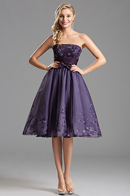 Strapless Purple Party Dress with Satin Bow-knot Waist