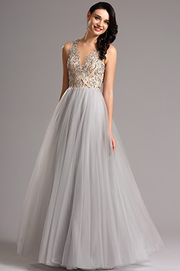 Robe de Soirée Gris Sexy Décolleté Sans Manches Dentelle