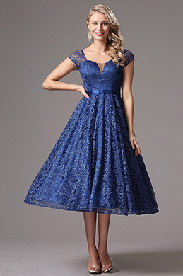 Short Sleeves Illusion V Cut Tea Length Dress