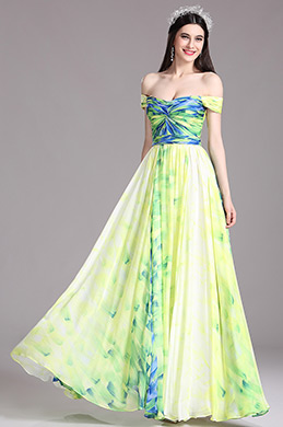 Off Shoulder Green Ruched Summer Printed Dress