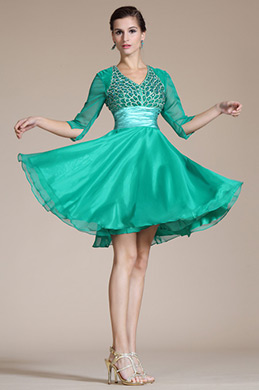 Green V-Neck Beaded Top Cocktail Dress Green V-Neck Beaded Top Cocktail Dress