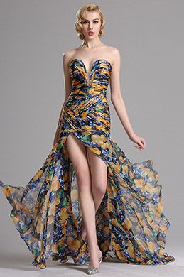 Robe de Soirée Imprimée Sans Bretelle Fente