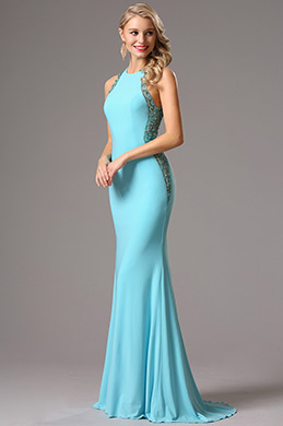 Sleeveless Light Blue Formal Gown with Beaded Detailed Back