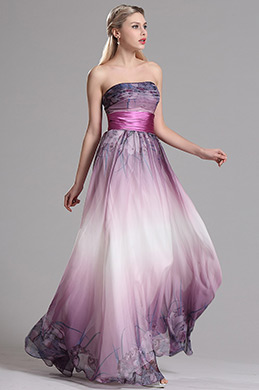 Strapless Printed A Line Purple Prom Evening Dress