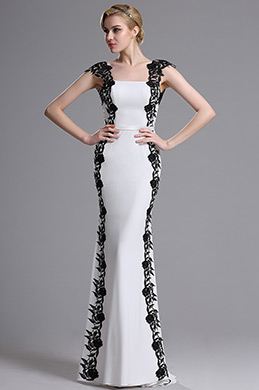 White Black Floral Applique Prom Evening Dress