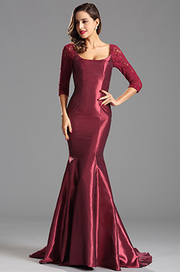 Robe de soirée sirène avec manches en dentelle bordeaux