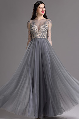 Robe de Soirée Manche 3/4 Brodée Élégante Grise