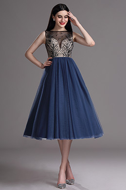 Robe de Cocktail Brodée Sans Manche Bleue