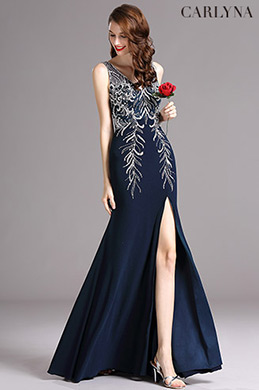 Carlyna Robe de Soirée V Col Fente à Côté Sans Manche Bleue