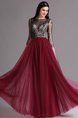 Robe de Soirée Manche 3/4 Brodée Perlée Bordeaux