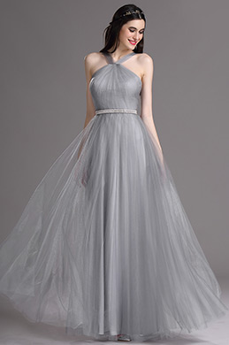 Grey Halter Neck Ruched Summer Bridesmaid Formal Dress