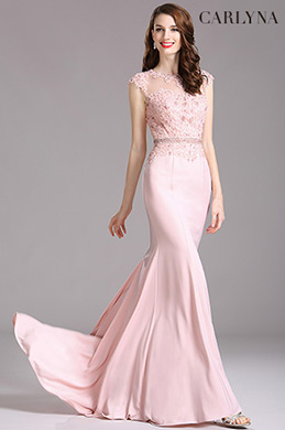 Carlyna Pink Lace Beaded Mermaid Prom Dress