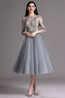 Grau wadenlang Party Cocktailkleid mit Stickerei
