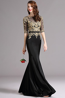 Carlyna Robe de Soirée Brodée Dorée Manche Midi Sirène Élégant Carlyna Robe de Soirée Brodée Dorée Manche Midi Sirène Élégant