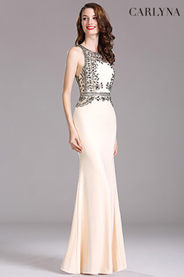 Carlyna Beige Formal Dress with Beaded Appliques