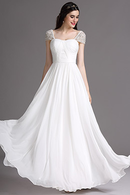White Embroidery Wedding Dress with Beaded Cap Sleeves