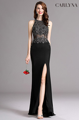 Carlyne Robe de Soirée Fendu Licou Bijoux Perlés Noire