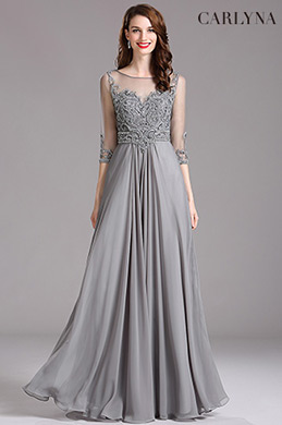 Carlyna Elbow Sleeves Beaded Grey Prom Dress
