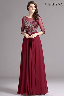 Carlyna Elbow Sleeves Beaded Burgundy Prom Dress