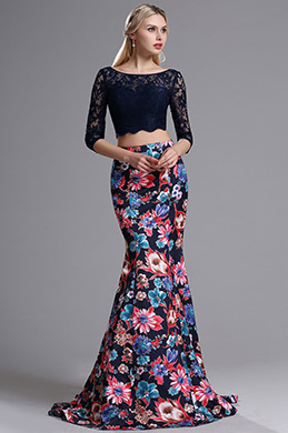 Two-piece 3/4 Sleeves Floral Mermaid Prom Formal Dress