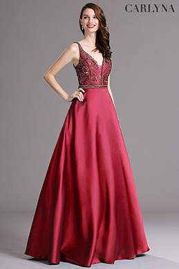 Carlyna Burgundy Beaded Plunging V Neck Floor Length Formal Prom Dress