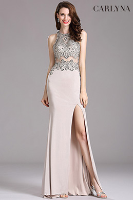 Carlyna Robe de Soirée Perlée Fendue Licou Argenté Sexy Carlyna Robe de Soirée Perlée Fendue Licou Argenté Sexy