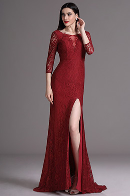 Burgundy 3/4 Sleeves Lace Mermaid Prom Formal Dress