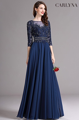Carlyna Robe de Soirée Perlée Brodée Manche 3/4 A Line Bleu