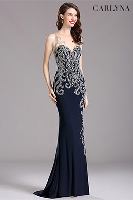 Carlyna Dark Blue Illusion Sweetheart Neckline Beaded Formal gown