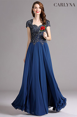 Carlyna Blue Cap Sleeves Beaded Prom Dress Formal gown