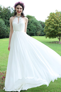 White Beaded Halter Wedding Evening Dress