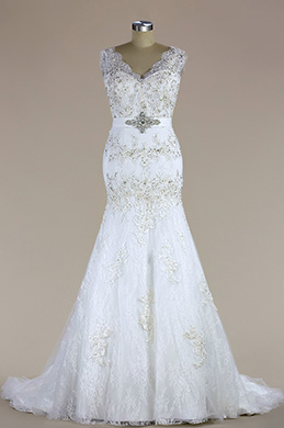 Sleeveless V Neck Beaded Mermaid Wedding Dress