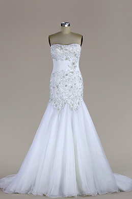 Trägerlos Perlen Tüll MeerjungfrauLinie Brautkleid Trägerlos Perlen Tüll MeerjungfrauLinie Brautkleid