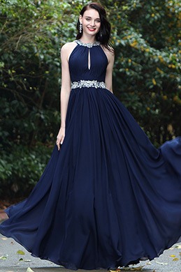Elegant Halter Blue Beaded Prom Dress