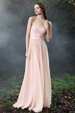 Pink Spaghetti Straps Lace Prom Evening Dress