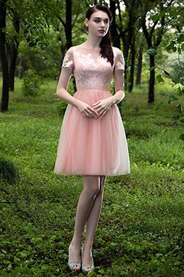 Robe de Cocktail Manche Courte Dentelle Rose