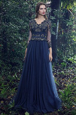 Blau V Ausschnitt Spitze Ball Abendkleid