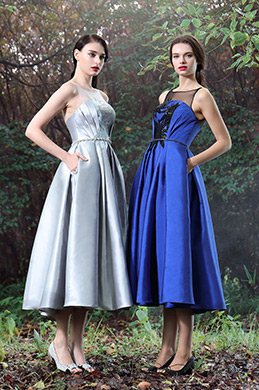 Blue Tea-length Party Dress with Lace Appliques