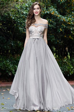 Grey Off Shoulder Lace Evening Gown